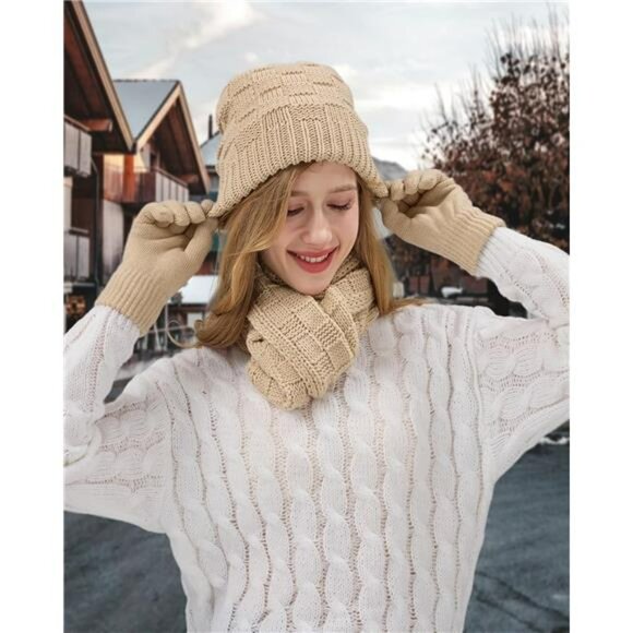 Womens Winter Beanie Scarf Gloves Set Touchscreen Warm Knit Cold Weather Set - Picture 6 of 7